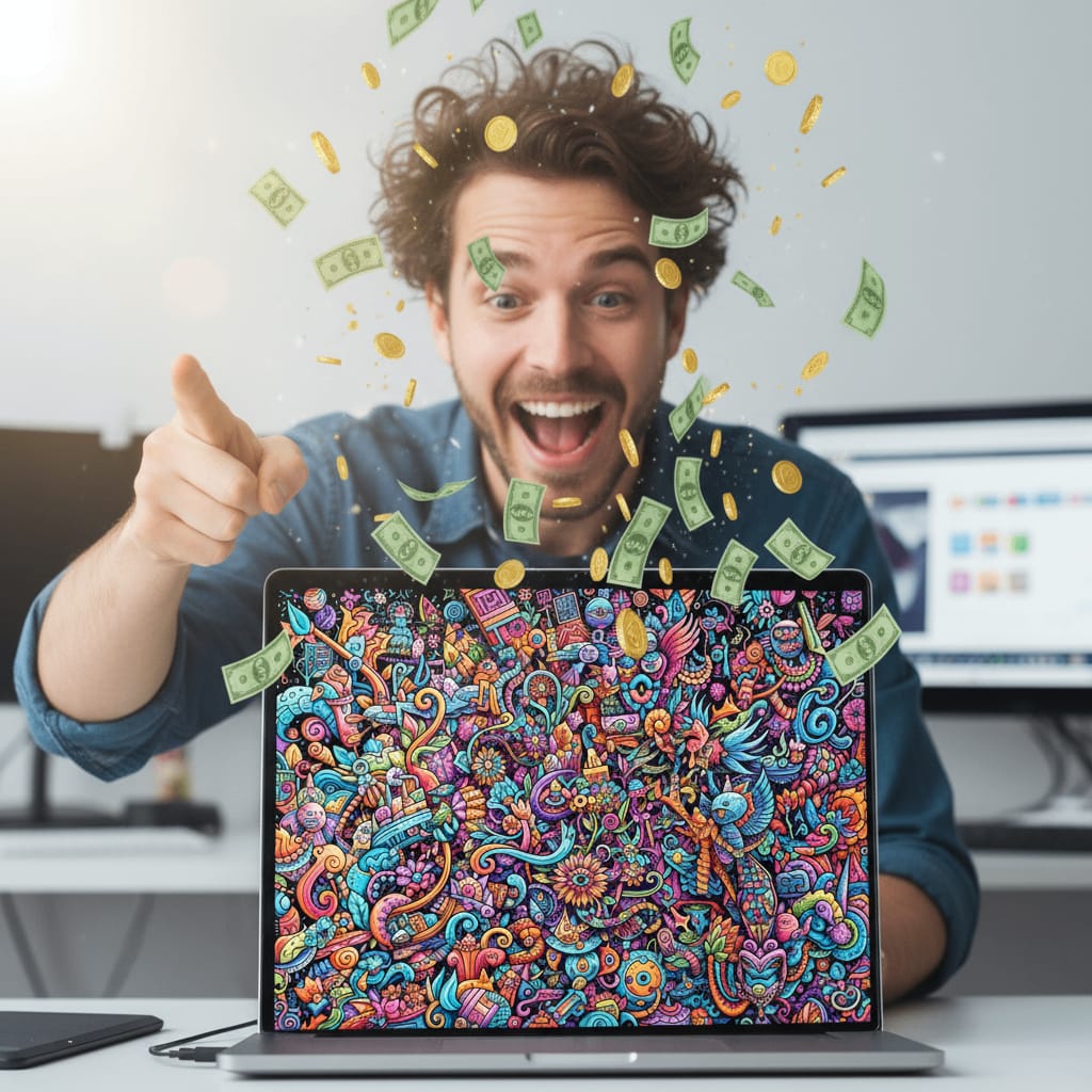 design trends graphics. close-up on graphic designer face as he points to his computer spitting out dollar bills up in the room