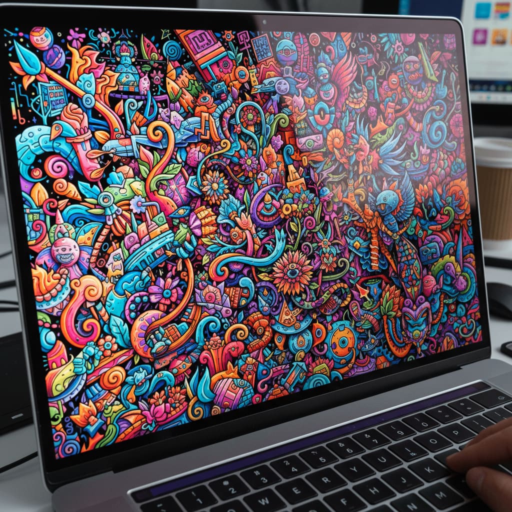 design trends graphics. close-up view of Maximalist Illustrations on a computer