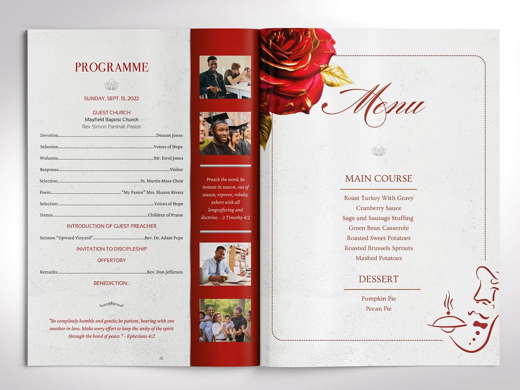 menu for Pastor Anniversary Souvenir Magazine Template for Canva