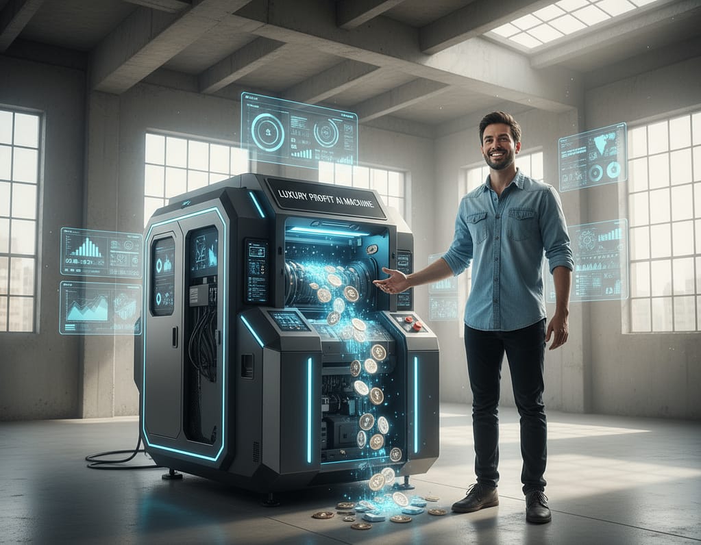 design trends graphics. A graphic designer stand in front of his Luxury Profit AI Machine in a well lit room and smile