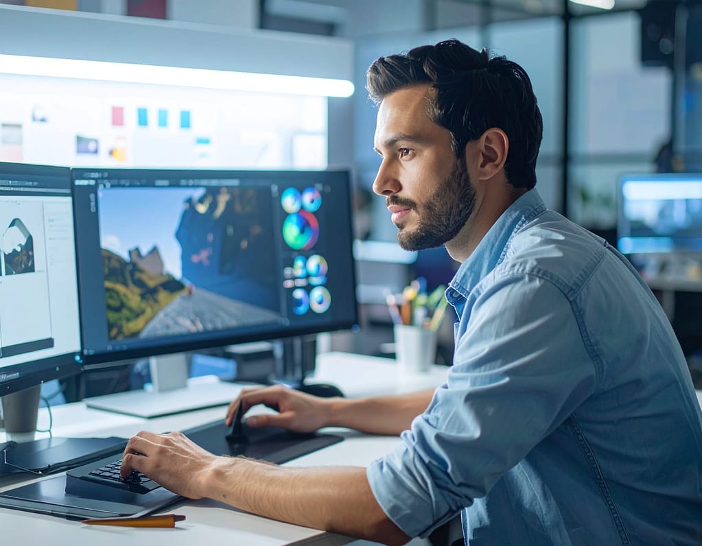 graphic designer using AI to design on a computer